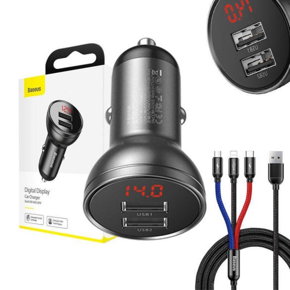 Încărcător auto Baseus cu afișaj de 24 W + cablu USB 3 în 1 Baseus trei culori primare de 1,2 m