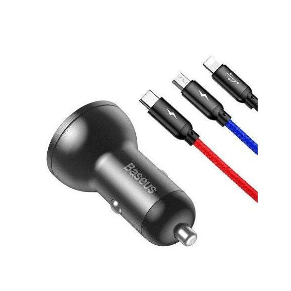 Încărcător auto Baseus cu afișaj de 24 W + cablu USB 3 în 1 Baseus trei culori primare de 1,2 m