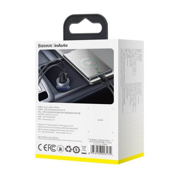 Încărcător auto Baseus Particular Digital Display cu display, USB + USB-C, QC3.0 + PD, 5A, 65 W (argintiu)