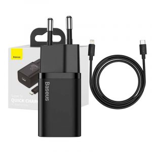 Baseus Super Si încărcător rapid 1C 20W adaptor cu cablu USB-C-Lightning de 1m (negru)