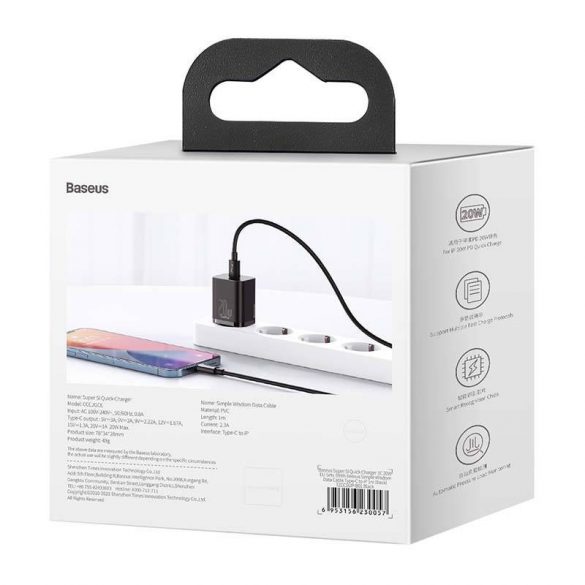 Baseus Super Si încărcător rapid 1C 20W adaptor cu cablu USB-C-Lightning de 1m (negru)