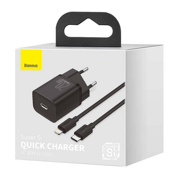 Baseus Super Si încărcător rapid 1C 20W adaptor cu cablu USB-C-Lightning de 1m (negru)