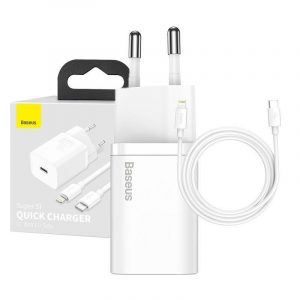 Încărcător rapid Baseus Super Si Adaptor 1C 20W cu cablu USB-C-Lightning de 1 m (alb)