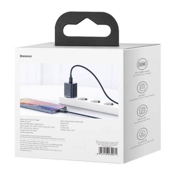 Încărcător de perete Baseus Super Si Quick Charger 1C 20W cu cablu USB-C Lightning de 1 m (albastru)