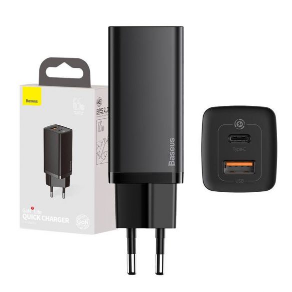 Baseus GaN2 Lite încărcător de perete, USB + USB-C, 65 W, EU (negru)