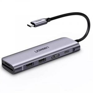 UGREEN CM195 ​​​​Hub USB-C 6 în 1 2x USB 3.0, HDMI, SD / microSD, 100 W (gri)