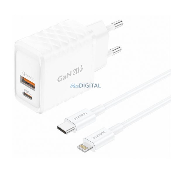 Încărcător de rețea Foneng EU56 cu conexiune 1xUSB-A și 1xUSB-C și cablu Type-C la Lightning 20W - alb