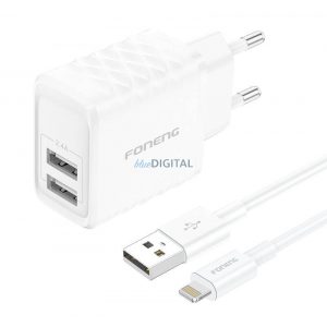 Încărcător de rețea Foneng EU53 cu conexiune 2xUSB-A și cablu USB-A - Lightning 2.4A - alb