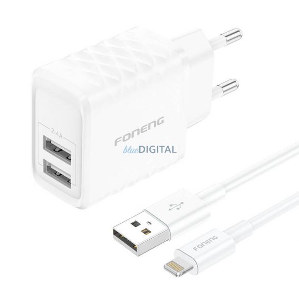 Încărcător de rețea Foneng EU53 cu conexiune 2xUSB-A și cablu USB-A - Lightning 2.4A - alb