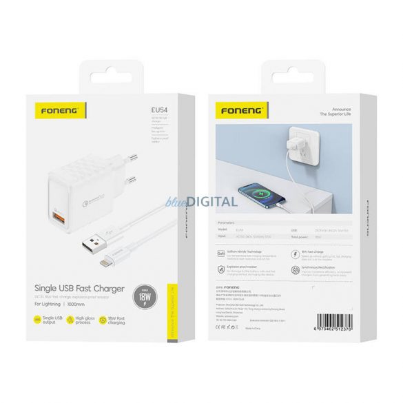 Foneng EU54 Încărcător AC cu 1 conexiune USB-A și cablu USB-A - Lightning 3A - alb