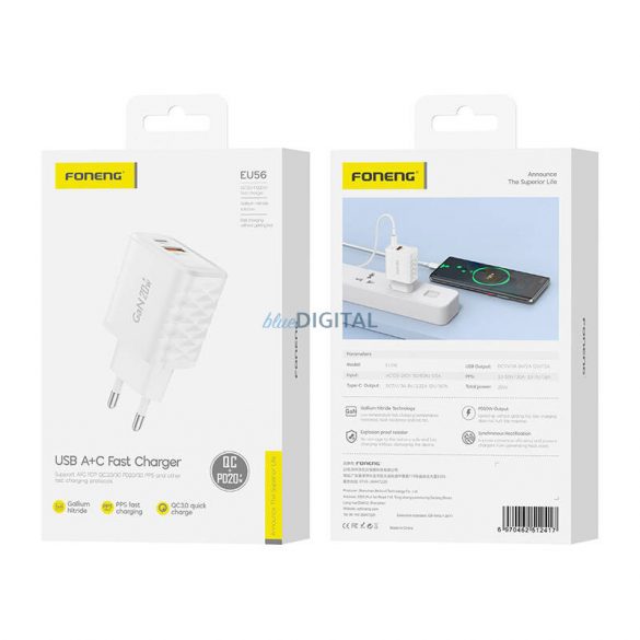 Încărcător de rețea Foneng EU56 cu 1xUSB-A și 1xUSB-C 20W - alb