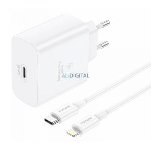 Foneng EU62 Încărcător AC cu 1 conector USB-C și cablu Type-C - Lightning 45W - alb