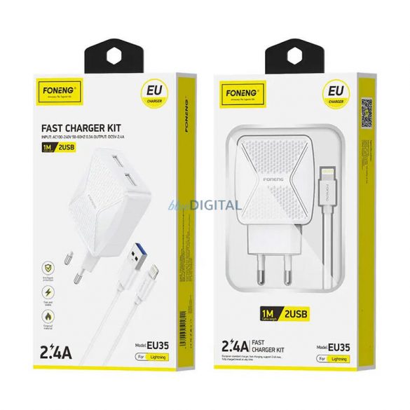 Foneng EU35 2x încărcător de perete USB + cablu USB-Lightning 2.4A (alb)