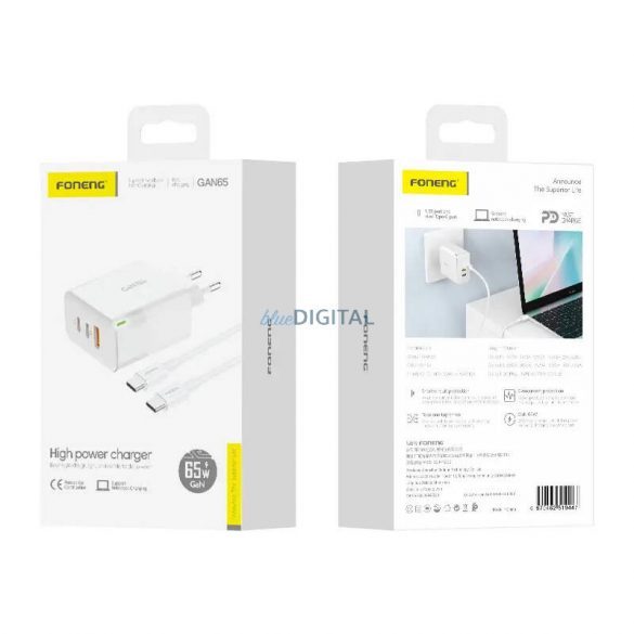 Încărcător Foneng GAN65 USB-A, USB-C, USB-C GAN65, 2.4A, 65W (alb)