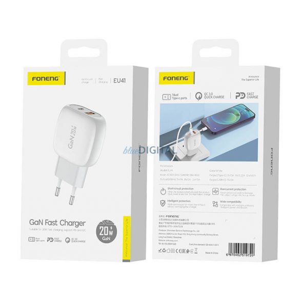 Încărcător de rețea Foneng EU41 cu conexiuni 1xUSB-A și 1xUSB-C 20W - alb