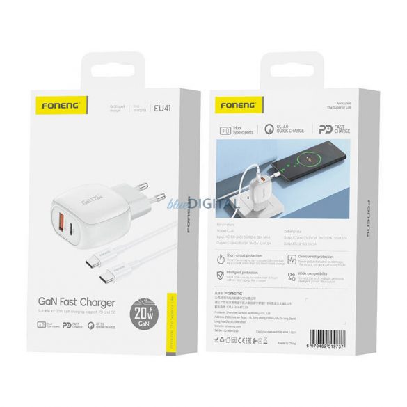 Încărcător de rețea Foneng EU41 cu conexiune 1xUSB-A și 1xUSB-C și cablu Type-C - Type-C 20W - alb