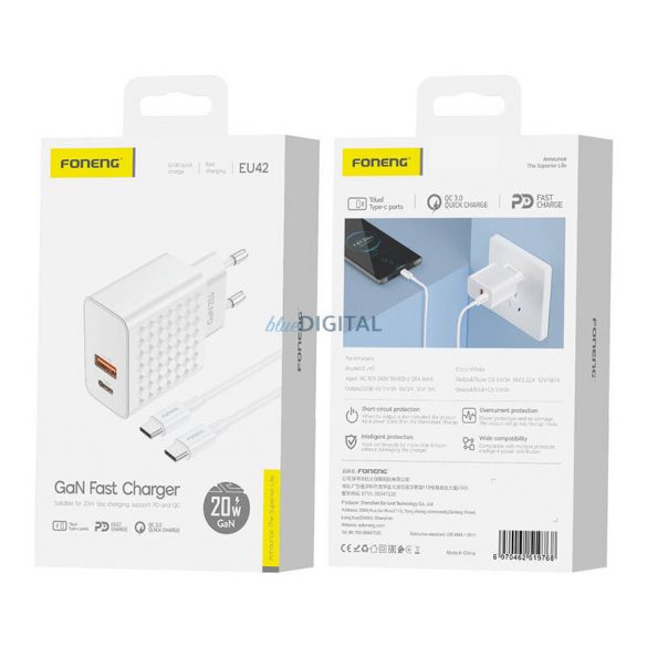 Încărcător de rețea Foneng EU42 cu conexiune 1xUSB-A și 1xUSB-C și cablu Type-C - Type-C 20W - alb