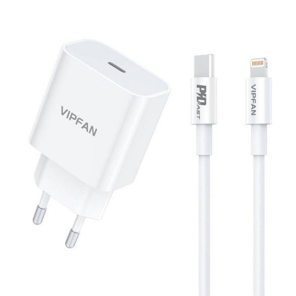 Vipfan E04 încărcător de perete, USB-C, 20W, QC 3.0 + cablu Lightning (alb)