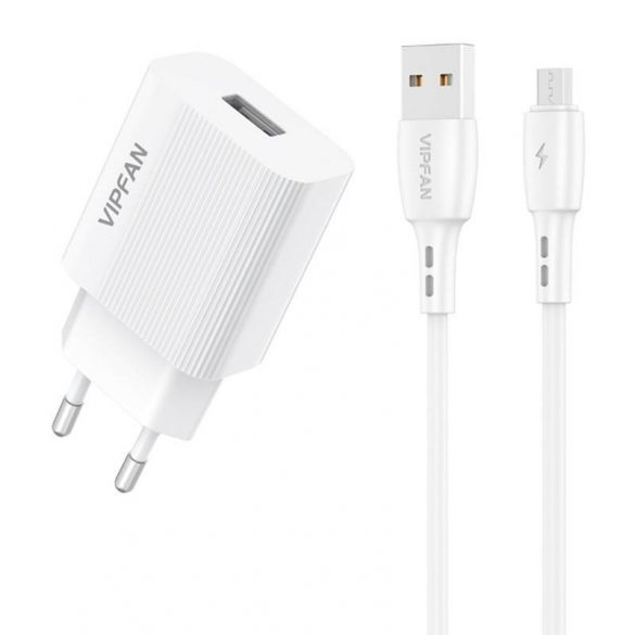 Încărcător de rețea Vipfan E01, 1x USB, 2.4A + cablu Micro USB (alb)