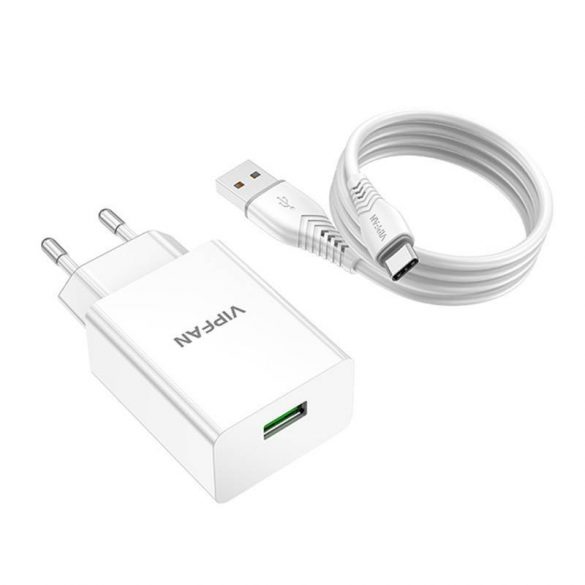 Vipfan E03 încărcător de perete, 1x USB, 18W, QC 3.0 + cablu USB-C (alb)