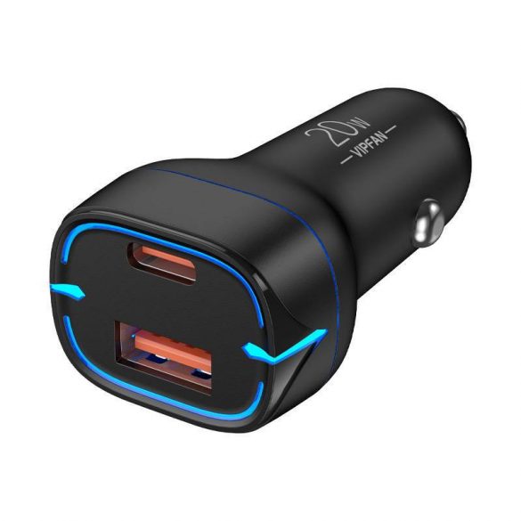 Vipfan C11 încărcător auto, USB + USB-C, PD 20W + QC 3.0, LED (negru)