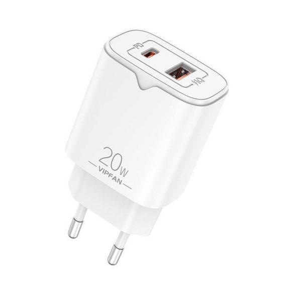 Vipfan E08 Încărcător de curent alternativ, USB + USB-C, 20W PD + QC 3.0 (alb)