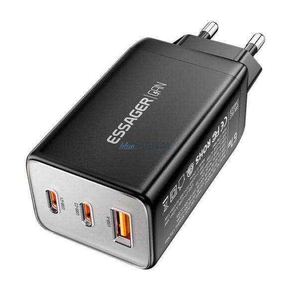 Essager ECT67W-LJB01-Z încărcător de rețea cu 1xUSB-A și 2xUSB-C GaN 67W - negru