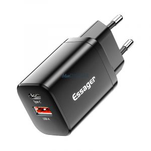 Încărcător Essager cu 1xUSB-A și 1xUSB-C conexiune PD QC 30W - negru