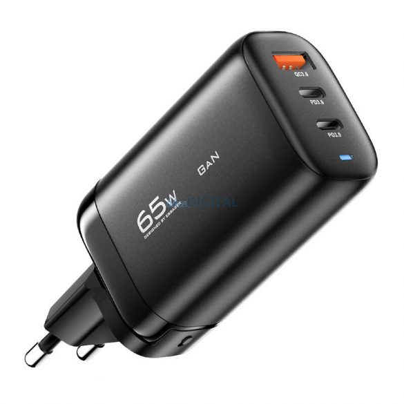 Încărcător Essager cu conexiune 1xUSB-A și 2xUSB-C 65W GaN - negru