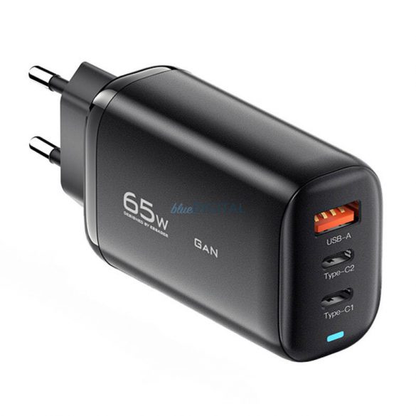 Încărcător Essager cu conexiune 1xUSB-A și 2xUSB-C 65W GaN - negru