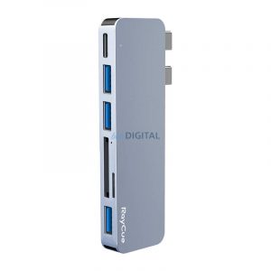 Hub USB RayCue 6in2 2x USB-C pentru Thunderbolt 3 + 3x USB-A 3.0 5Gbps + SD/TF 2.0 (gri)