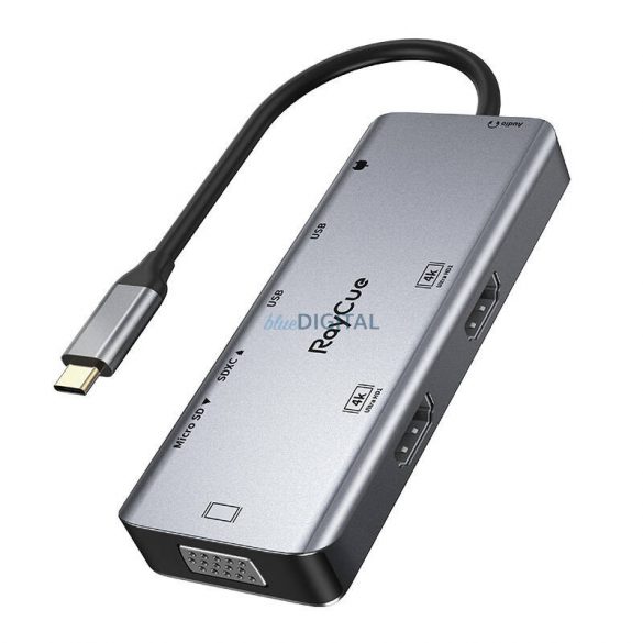 Hub USB RayCue 9in1 USB-C 2x USB-A 3.0 5Gbps + 2x SD/TF 3.0 + 2x HDMI 4K30Hz + VGA 1080p + mufă 3.5mm + PD 3.0 100W (gri)