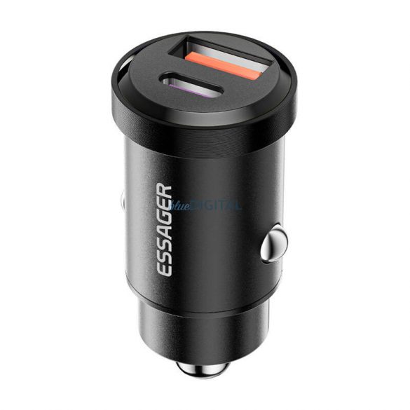 Încărcător auto Essager cu conexiune 1xUSB-A și 1xUSB-C 30W - negru