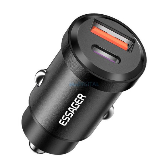 Încărcător auto Essager cu conexiune 1xUSB-A și 1xUSB-C 30W - negru