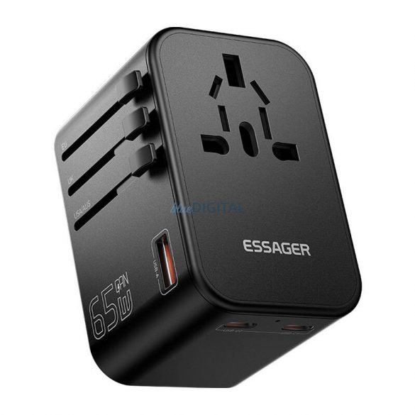 Essager ECT65-LT01-Z adaptor de călătorie 2x USB-C/1x USB-A/1x AC (US, AU, UK, EU) 65W - negru