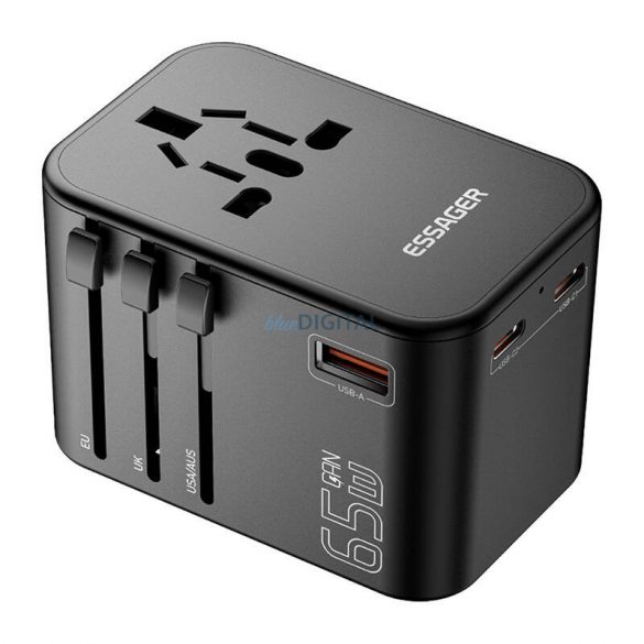 Essager ECT65-LT01-Z adaptor de călătorie 2x USB-C/1x USB-A/1x AC (US, AU, UK, EU) 65W - negru