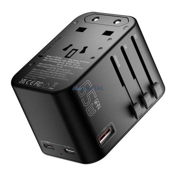 Essager ECT65-LT01-Z adaptor de călătorie 2x USB-C/1x USB-A/1x AC (US, AU, UK, EU) 65W - negru