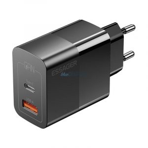 Încărcător Essager cu 1xUSB-A și 1xUSB-C conexiune 33W GaN - negru