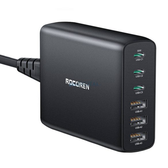 Încărcător de rețea Rocoren cu conexiuni 3x USB-A și 3xUSB-C GaN 100W - negru