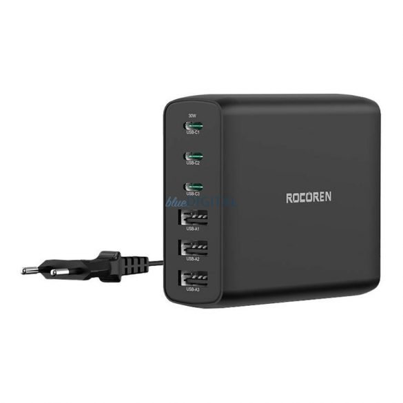 Încărcător de rețea Rocoren cu conexiuni 3x USB-A și 3xUSB-C GaN 100W - negru