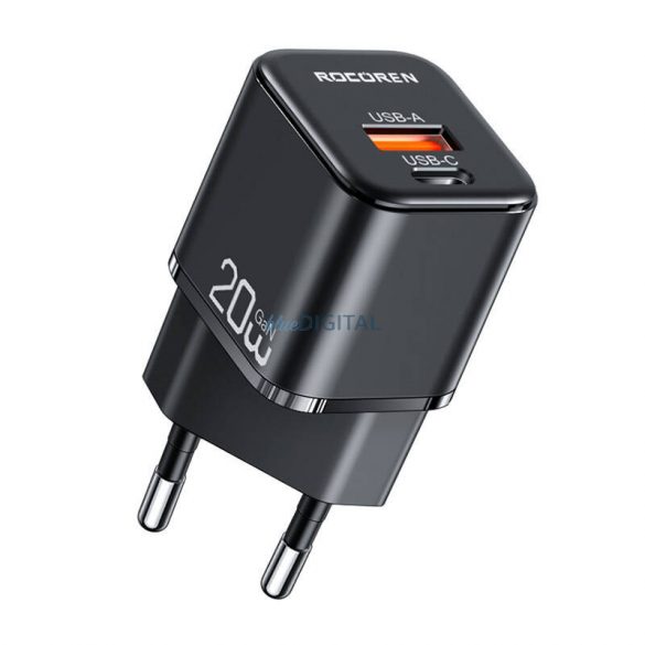 Încărcător de rețea Rocoren cu conexiune 1xUSB-A și 1xUSB-C miniGaN 20W - negru