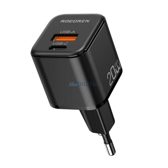 Încărcător de rețea Rocoren cu conexiune 1xUSB-A și 1xUSB-C miniGaN 20W - negru