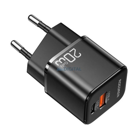 Încărcător de rețea Rocoren cu conexiune 1xUSB-A și 1xUSB-C miniGaN 20W - negru