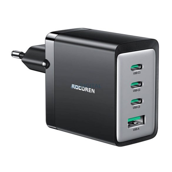 Încărcător de rețea Rocoren cu 1x USB-A și 3xUSB-C conexiuni GaN 67W - negru