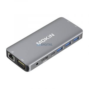 Adaptor MOKiN 10 în 1 Hub USB-C 3x USB 3.0 + încărcare USB-C + HDMI + audio de 3,5 mm + VGA + 2x RJ45 + cititor Micro SD (argintiu)