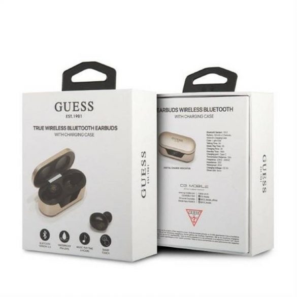 Căști Bluetooth Stereo TWS GUESS Digital BT5 Classic cu stație de andocare / auriu (GUTWST31ED)