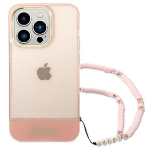 Husă originală GUESS GUHCP14LHGCOHP pentru iPhone 14 PRO (IML Electro Cam cu curea translucidă / roz)