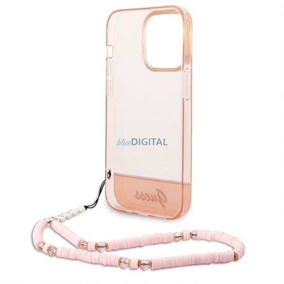 Carcasa originala GUESS GUHCP14XHGCOHP pentru iPhone 14 PRO MAX (IML Electro Cam cu curea Translucent/roz)