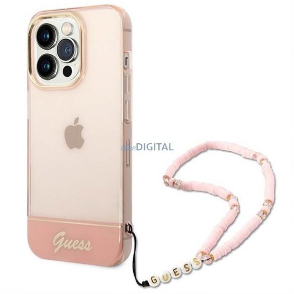 Carcasa originala GUESS GUHCP14XHGCOHP pentru iPhone 14 PRO MAX (IML Electro Cam cu curea Translucent/roz)