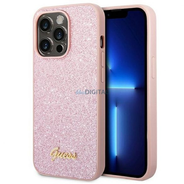 Husă originală GUESS GUHCP14XHGGSHP pentru iPhone 14 PRO MAX (Glitter Flakes Script Metal Logo / roz)